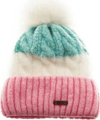 Immagine prodotto di Cappello invernale con motivo a trecce e pompon - cappello elegante da donna con fodera rosa/blu