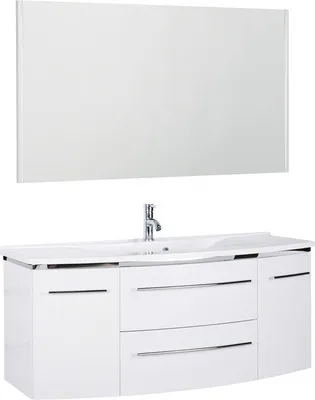 Produktbild von Marlin Badmöbel-Set 3040 BxHxT 122,4 x 198,2 x 48 cm Frontfarbe weiß mit Waschtisch Mineralmarmor weiß, Spiegel mit LED-