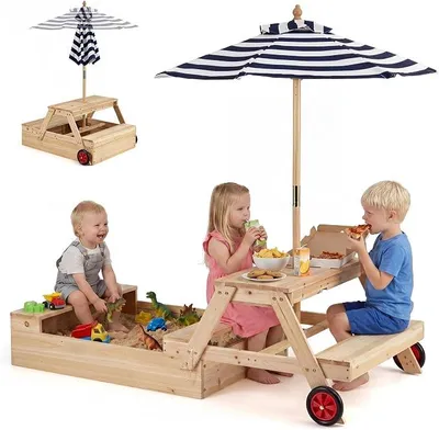 Imagen del producto de Silecomplaza: Columpio de madera con arenero, mesa de picnic y bancos, conjunto de asientos para niños