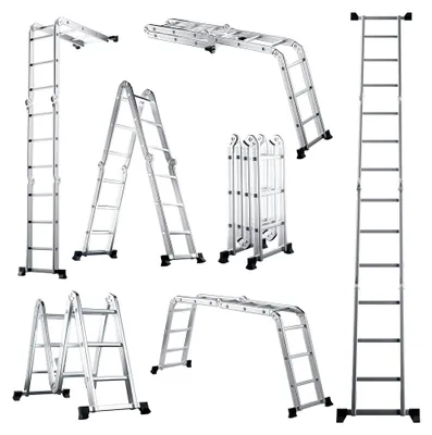 Produktbild von Mehrzweckleiter 3,7 m, 7-in-1 Multifunktionsleiter, Aluminiumleiter bis 150 kg belastbar, leichte Klappleiter für Innen- und Außenbereich, Silber