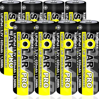 A group of eight SOLAR PRO AA batteries are arranged in two rows.