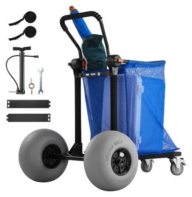 Obrázok produktu pre VEVOR Plážový vozík s veľkými kolesami na piesok, nosnosť 75 kg, robustný, skladací plážový vozík s 320 mm nafukovacími kolesami, úložná taška, nastaviteľná rukoväť (180°) a príslušenstvo vhodné na kempovanie, rybárčenie a záhradu