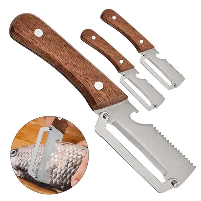Produktbild von 3PCS Gemüseschäler 3-in-1, Edelstahl Kartoffelschäler mit Holzgriff, Julienne Schäler, Flaschenöffner, Peeler für Obst, Gemüse & Fisch