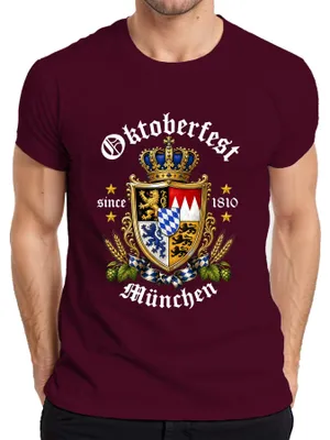 Produktbild von Bayern Wappen Löwe Krone Bier Hopfen Malz Trachtenshirt Lederhose Herren T-Shirt, Burgundy, XL
