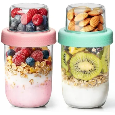 Overnight-Oats-Becher 480+120 ml, 2er-Set, Glas, BPA-frei
