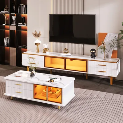 Image de Table basse, meuble TV, meuble de salon modulaire, porte en verre trempé, cadre en alliage d'aluminium, tiroirs à structure ondulée, poignées et pieds dorés, plateau à structure en marbre.