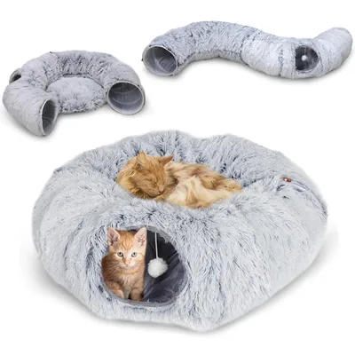 Produktbild von Tiertunnel Katzentunnel 180 CM Tierbett Rund Mit Schlafplatz, Katzentunnel XXL, mit faltbarem Rohr, abnehmbarer Matte und Schüttelbällen