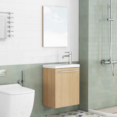 Immagine prodotto di Mobile bagno sospeso con lavabo in Vetroceramica e specchio, colore noce, dimensioni 40x25x48 cm