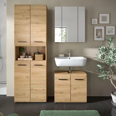 Produktbild von Badmöbel-Set 3-teilig in Eiche, inkl. Spiegelschrank - IGGESUND-158