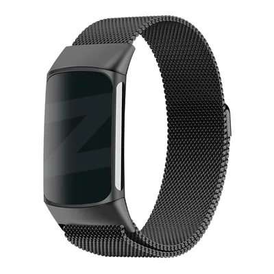 Produktbild von Bandz Milanese Loop Band passend für Fitbit Charge 5 - Milanese Band mit Magnetverschluss - Schwarzes geflochtenes Stahlband