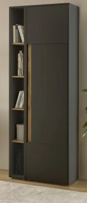 A modern, tall cabinet with a bookshelf on the left and a closed cabinet on the right, set against a neutral background.