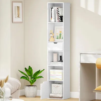 Produktbild von Bücherregal mit Schublade und anpassbares Regal 3-stufig Verstellbar 6 Ebenen Ausstellungsregal Bücherschrank Weiß