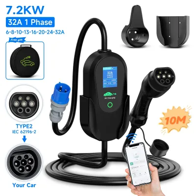 Produktbild von Tragbares Elektroauto-Ladegerät - Typ 2 - 7,2 kW - Einstellbar 6–32 A - 110–250 V - IP66 - 10 m