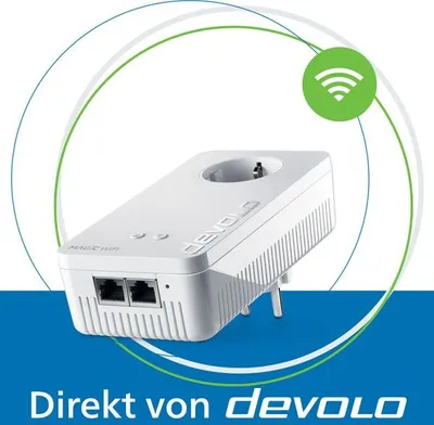 A Devolo Magic 2 LAN triple powerline adapter is shown, with marketing graphics and text.