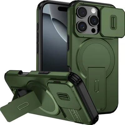 Immagine prodotto di Custodia magnetica per iPhone 16 Pro, custodia resistente a due strati con protezione scorrevole della fotocamera e supporto regolabile Verde