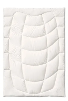 A white comforter is laid flat on a white background, showing its quilted pattern.