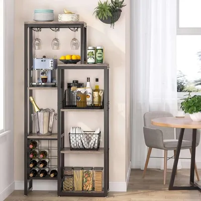 Zdjęcie produktu dla Stojak na wino - 5-poziomowy - W stylu industrialnym - Metal i drewno - Wolnostojący stojak na 12 butelek wina - Z uchwytami na kieliszki do wina
