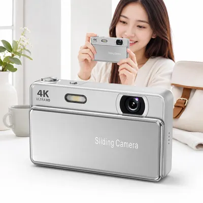 Produktbild von Kompakte Digitalkamera in Silber, 2,8-Zoll-Bildschirm, integrierter Blitz, USB-C-Ladung, TF-Kartenslot, bis zu 240 Min. Akkulaufzeit