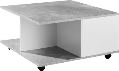 Produktbild von FineBuy Design Couchtisch Zementgrau / Weiß 70x70 cm Wohnzimmertisch mit 2 Schubladen Sofatisch mit Rollen Tisch mit 2 Fächern