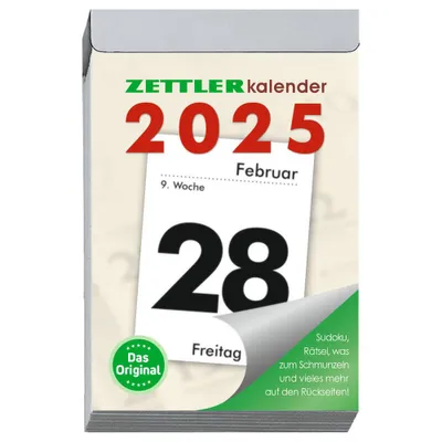 Produktbild von Zettler - Tagesabreißkalender 2025 L, 6,6x9,9cm mit Sudokus, Rezepten und Rätseln, Sonnen- & Mondzeiten, Namenstage und mit Aufhängung und deutsches Kalendarium