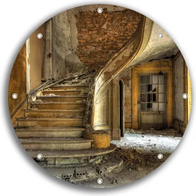 Produktbild von Wallario rundes Outdoor-Poster für Garten oder Balkon, Motiv Massive Steintreppe in herrenlosem Haus, 30 cm Durchmesser