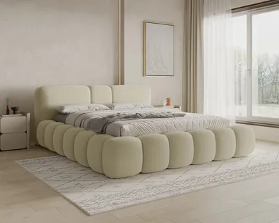 Produktbild von Chilly Möbel Design Bett Bianco - Komfort Polsterbett mit Bettkasten, Metallrahmen, Stauraum und gepolstertem Kopfteil 200x200 cm / Bouclé / Beige