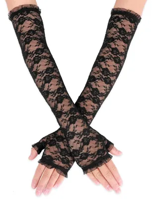 Obrázek produktu pro Dámské rukavice bez prstů, černé, krajkové, délka 39 cm, elastické