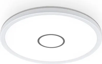 A white, round ceiling light with a gray ring in the center, shown from a slightly angled top-down view against a white background.