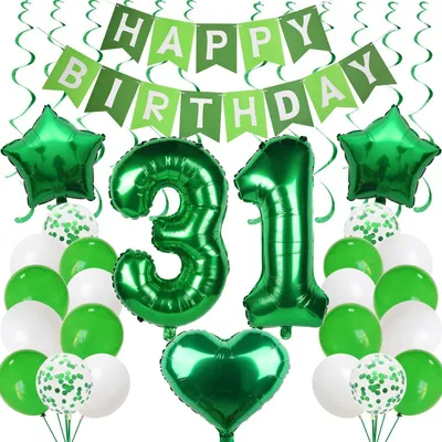 Productafbeelding van 31e verjaardag, ballonnen, groene decoratieset, 80 cm cijferballon, 20 latexballonnen, slinger, banner