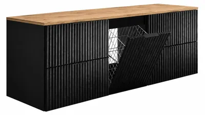 Image de Meuble suspendu sous vasque avec panier à linge, noir, poignées dorées, 160 x 46 x 57 cm, Image générée par une IA
