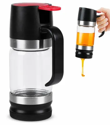 Produktbild von Glas Honigspender mit Griff und Bodenständer, tropffreies Honigglas für sauberes Dosieren, geeignet für Honig, Ahornsirup und Kaffeesirup