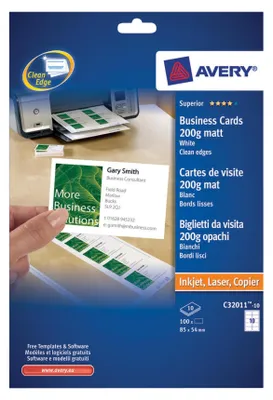 Obrázek produktu pro Avery Zweckform® C32011-10 C32011-10 vizitky Superior, 85 x 54 mm, jednostranně potažené - matné, 10 listů/100 ks