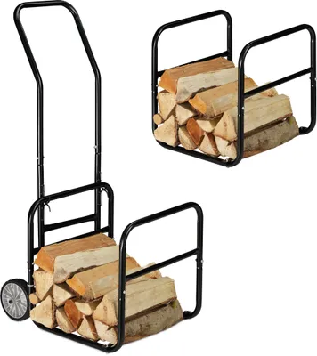 Produktbild von Relaxdays Kaminholzwagen, 2in1 Brennholzkarre & Feuerholzregal, aus Stahl, bis 45 kg, Transport & Aufbewahrung, schwarz
