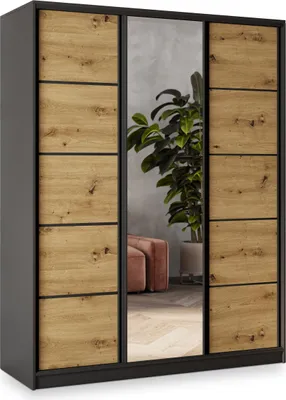 Produktbild von Masseno Schiebetürenschrank NATA 150/205/58 cm Kleiderschrank mit 4 Schubladen Schlafzimmer Schrank 3-türig mit Spiegel Schwarz / Eiche Artisan