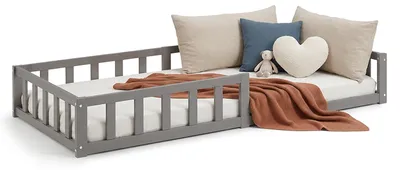Image de Lit D'Enfant 90x200 cm Lit Montessori avec Barriere en Bois Gris Lit au Sol Bebe Lit Bas Lit Simple