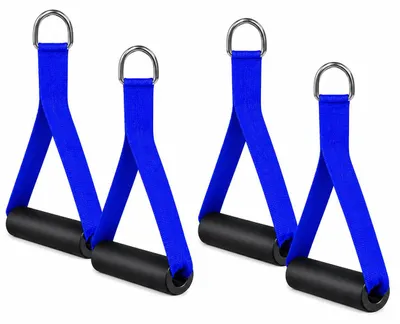 Produktbild von Einhandgriffe für Widerstandsbänder 4er Set Blau – Trainingsgriffe mit Schaumstoffgriff & Edelstahl D-Ring – Kabelzug Griffe für Fitnessbänder, Expander, Krafttraining, Pilates, Yoga & Home Gym