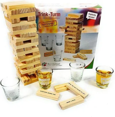 Produktbild von Famanu Wackelturm Trinkspiel mit 4 Gläsern - ca. 4 CL
