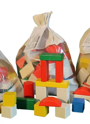 Zdjęcie produktu dla Drewniana torba na zabawki z drewnianymi klockami 70 szt. kolorowa NOWOŚĆ