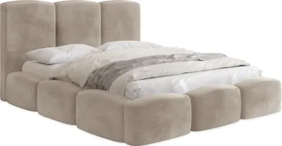 Produktbild von Polsterbett 120x200 mit Bettkasten und Lattenrost – Creme Bett mit hohem Kopfteil, Boucle oder Samt Stoff - Modernes Doppelbett mit Stauraum – Bettgestell, ohne Matratze – Harmony - Beige