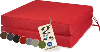 Produktbild von sunnypillow 2er Set Stuhlkissen 50 x 50 cm wasserdicht UV-lichtecht 7cm dick - Outdoor Polsterauflage mit Bändern - Auflage für Stühle,Bänke - Sitzkissen Stuhlauflage für Haus und Garten - Rot