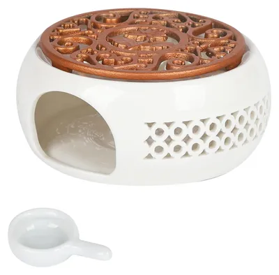 Obrázek produktu pro Ohřívač čajníku keramický - Ohřívač čajové svíčky - Bílá - 14,6 x 6,2 cm - Podložka a lžíce