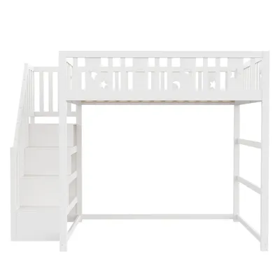 Produktbild von Merax Hochbett 140x200 cm mit Treppe, Regalen und Ausstanzungen Mond und Sterne, Kinderbett Jungenbett sicher und platzsparend, Kiefernholz, Weiß