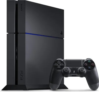 A black Sony PlayStation 4 console with a black controller in front of it, set against a white background.