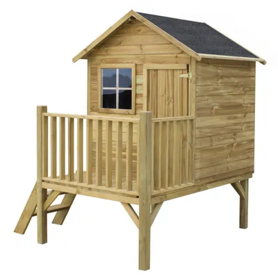 A wooden playhouse on stilts with a railing and a small ladder, isolated on a white background.