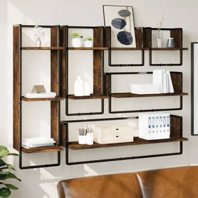 Produktbild von Cloris Designermöbel 6-tlg. Wandregal-Set mit Stangen Räuchereiche Holzwerkstoff 2024 Neu