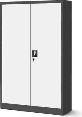 A metal filing cabinet with two doors and a lock.