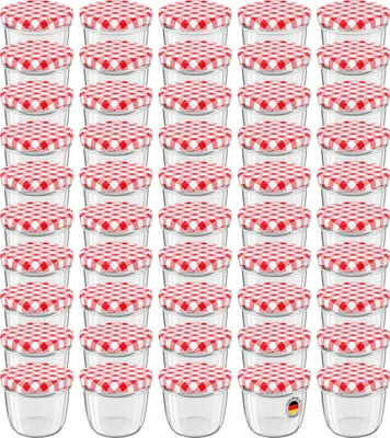 Produktbild von 50 Stück WELLGRO Vorratsglas Einmachgläser Schraubdeckel rot kariert - 230 ml