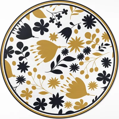 Produktbild von Illustration von Blumen und Blättern auf einer Wiese– Vinyl Fußmatte – Ø 130cm – Rutschfest, Pflegeleicht & Langlebig