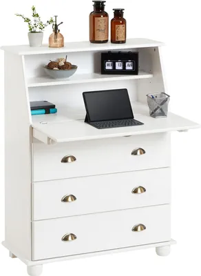 Produktbild von Sekretär GOMES aus massiver Kiefer weiß, schöner Bürotisch mit Klappe, praktischer Arbeitstisch mit 2 Fächer und 3 Schubladen