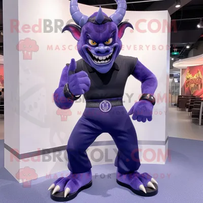 Productafbeelding van Navy Demon mascotte REDBROKOLY kostuum karakter gekleed met een jurk broek en armbanden